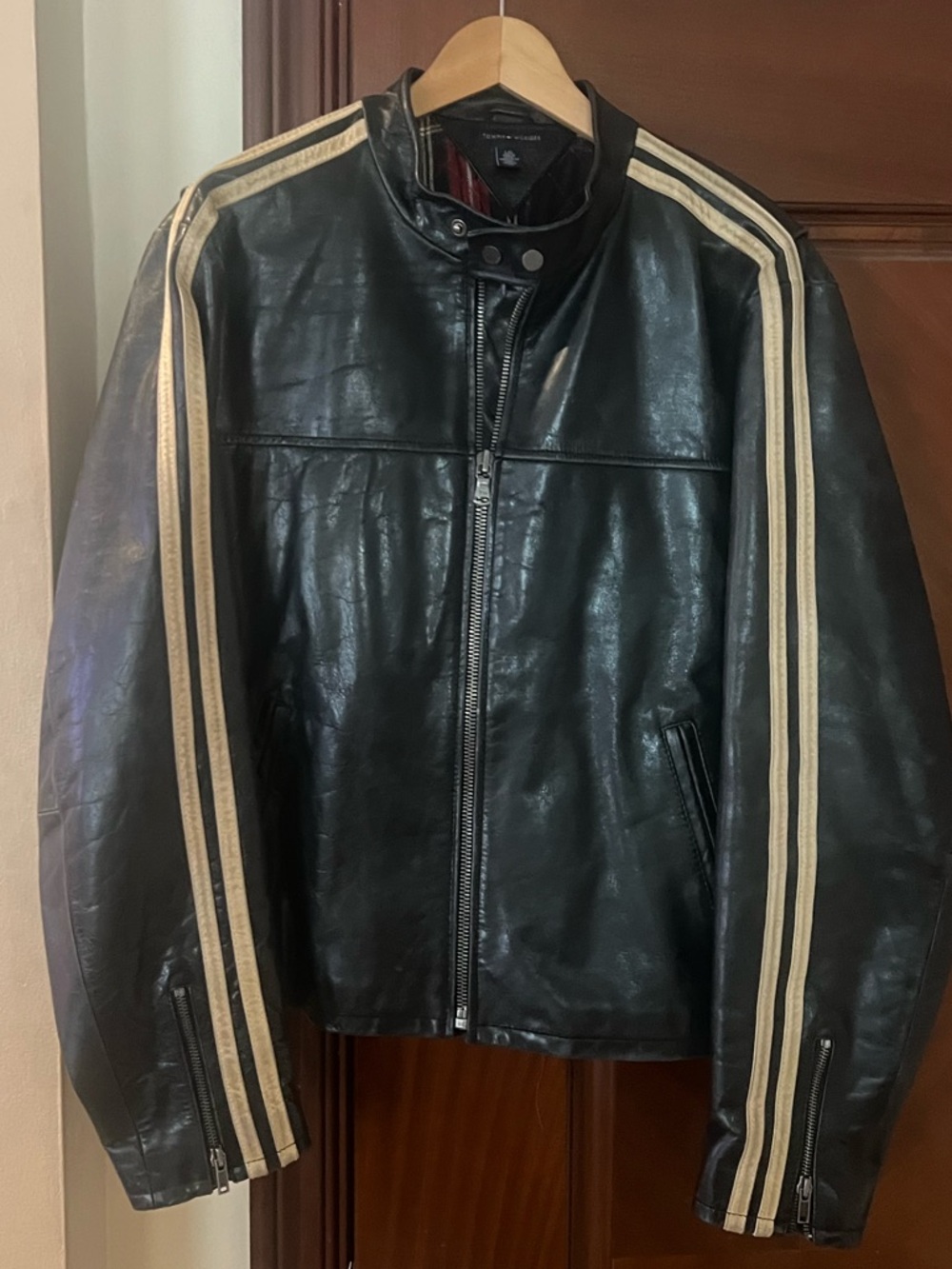 Tommy Hilfiger Black Leather Bomber with Beige Stripes